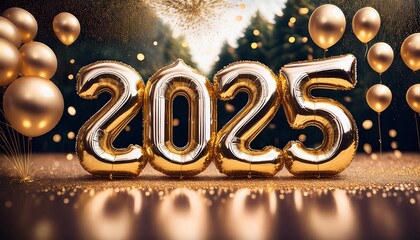 Golden 'Happy New Year 2025' balloons float amid a festive background