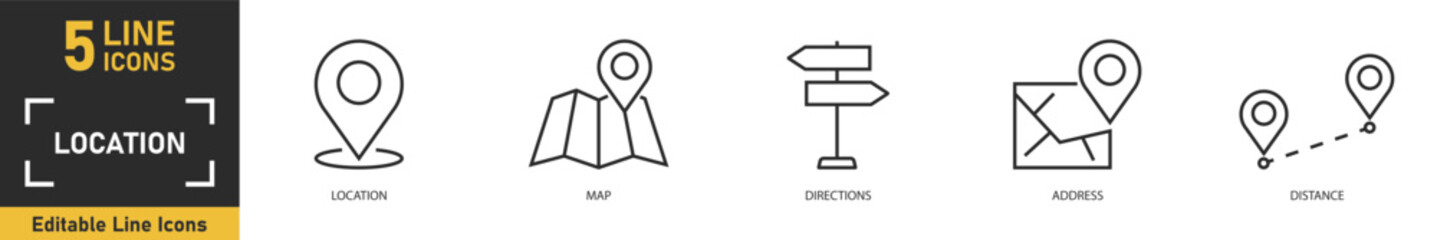 Fototapeta premium Location line icon set. Set of 5 outline icons related to location, map, directions, address, distance and more. Vector illustration.