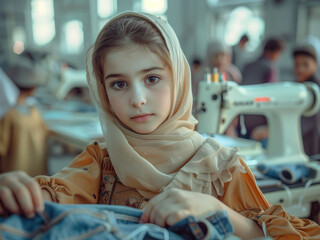Middle eastern child labor in fashion textile industry - teenage working girl sewing denim jeans in a factory