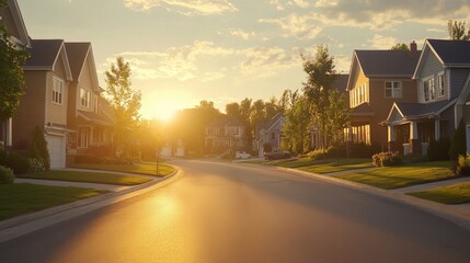 Fototapeta premium A serene suburban street at sunset, showcasing quiet homes and lush greenery.
