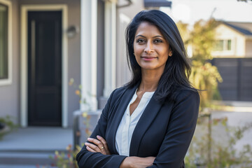 Naklejka premium Confident Indian female adult in professional attire standing outside a house