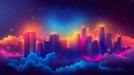 Fototapeta premium Neon city skyline above clouds at night.