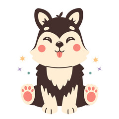 Cute sitting dog. Husky puppy. Animal in childish style. Childrens character.