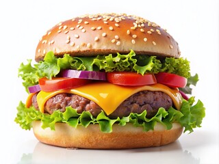 Mouthwatering American Classic Burger Isolated on White Background with Tilt-Shift Effect, Showcasing Juicy Patty, Fresh Vegetables, and Melted Cheese for Food Lovers