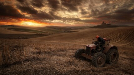 Obraz premium Tractor plowing fields at sunset rural landscape agriculture scene natural environment aerial view