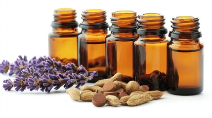 Lavender, Essential Oils, and Brown Pills on a White Background