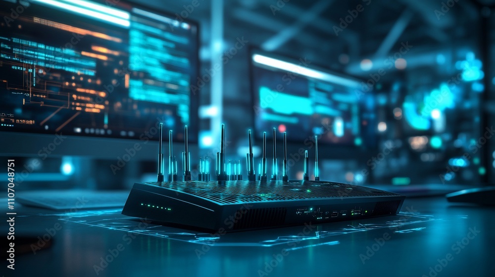 Poster A high-tech router on a desk with digital screens in a modern workspace.