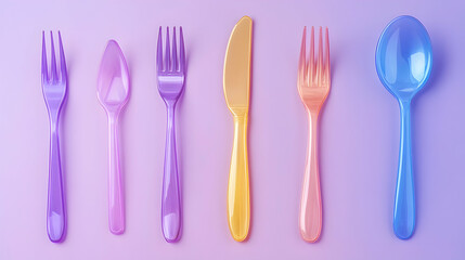 Pastel Plastic Cutlery Set, Vibrant Forks, Spoons, and Knife on Purple Background