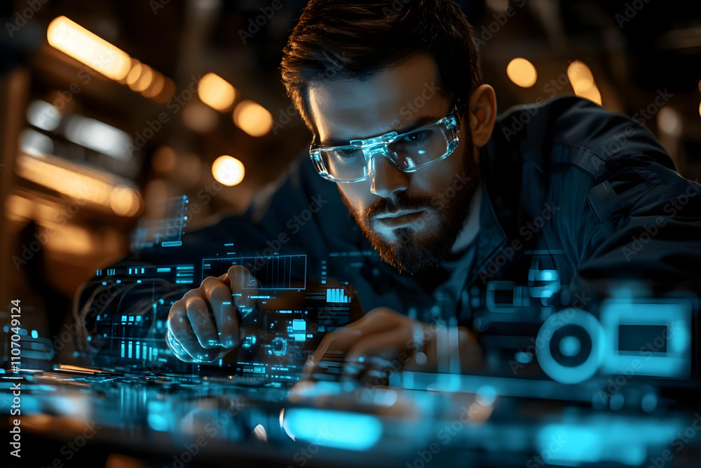 Poster a focused individual examines holographic technology elements in a high-tech environment.