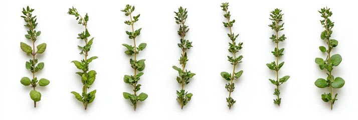 Seven sprigs of fresh thyme on a white background