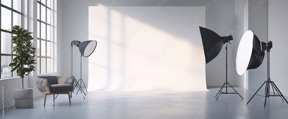 Poster A minimalist photo studio setup with lighting and a backdrop.