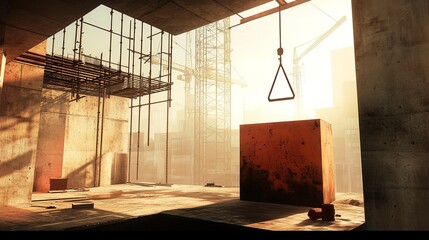 An industrial construction site bathed in warm light, showcasing unfinished structures and equipment.
