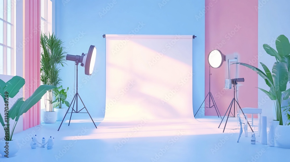 Poster a modern photography studio setup with lights and backdrop.