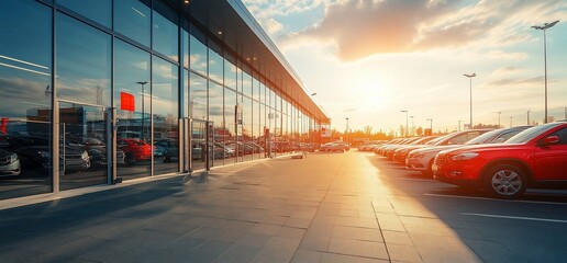 A modern car dealership at sunset with parked vehicles and glass facade.