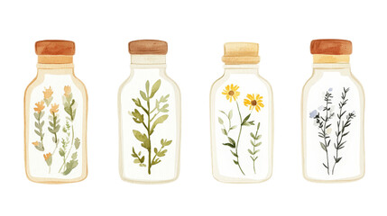 Vintage Glass Bottles with Botanical Illustrations and Wooden Lids