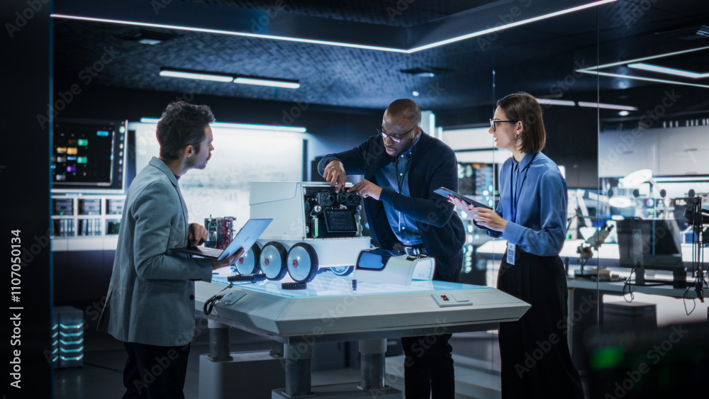 Poster Industrial Robotics Specialists Working on a Mobile Robot, Using a Tablet Computer and Laptop. Black Male Engineer In a Lab Discussing an Automated AI Robotic Delivery Assistant with His Young Team