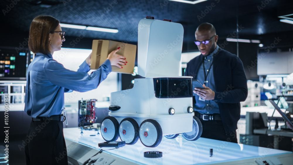 Poster Diverse Team of Industrial Specialists Working on Remotely Controlled Mobility Robot in a Research Facility. Engineer Testing the Parcel Compartment of the Delivery Machine with Self-Driving Autopilot