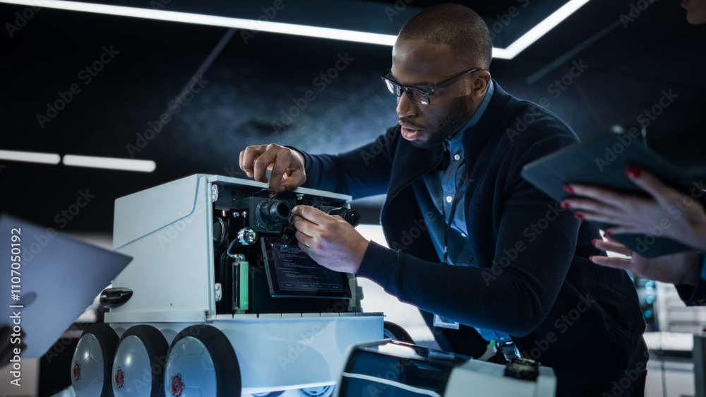 Poster Portrait of an African Engineer Using a Screwdriver While Developing a Remotely Controlled Delivery Robot. Black Specialist Working in High Tech Research Laboratory with Modern Equipment