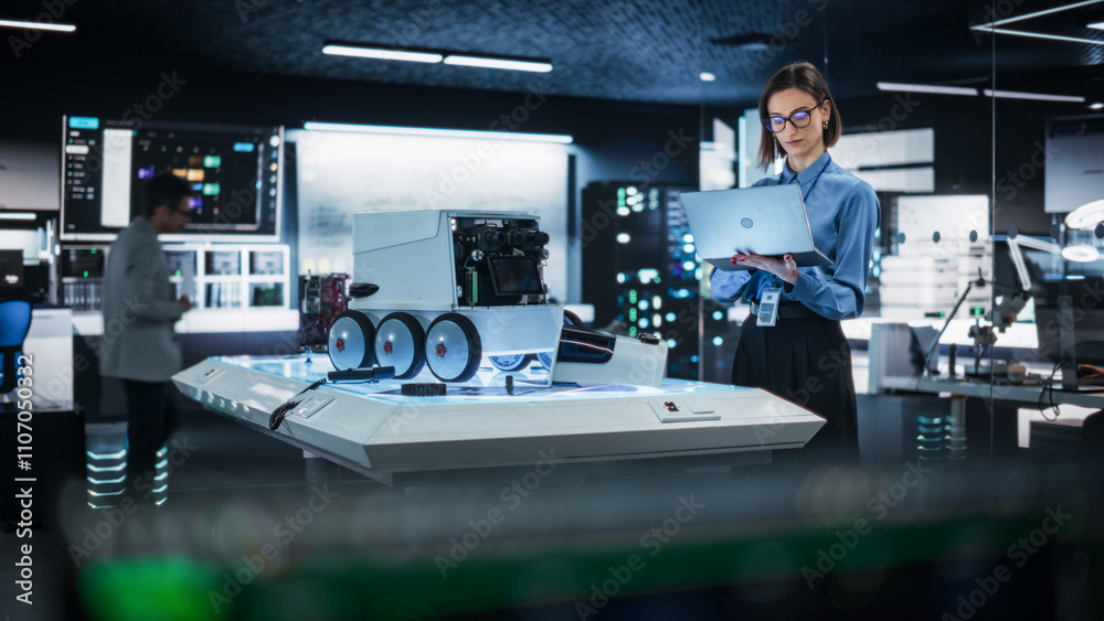 Poster Portrait of a Female Technical Specialist Working in High Tech Research Laboratory with Modern Equipment: Female Developer Using Laptop to Write Code for an Advanced-Technology Delivery Robot 