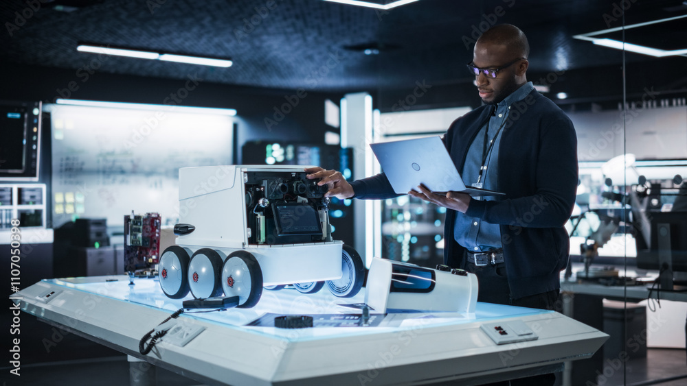 Poster Portrait of an African Engineer Using a Laptop Computer to Write a Report on Delivery Robot Prototype in a Research Laboratory. Young Black Quality Assurance Specialist Reporting Bugs in Code