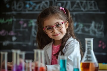 A girl with glasses and a lab coat smiles while surrounded by colorful beakers and charts in a classroom environment dedicated to science experiments