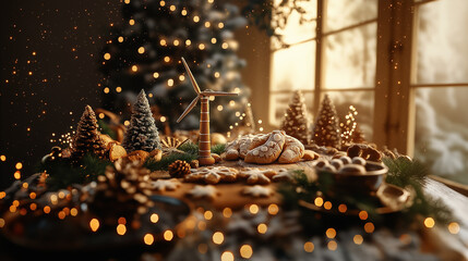 Festive Gingerbread House and Christmas Treats with Warm Holiday Lights