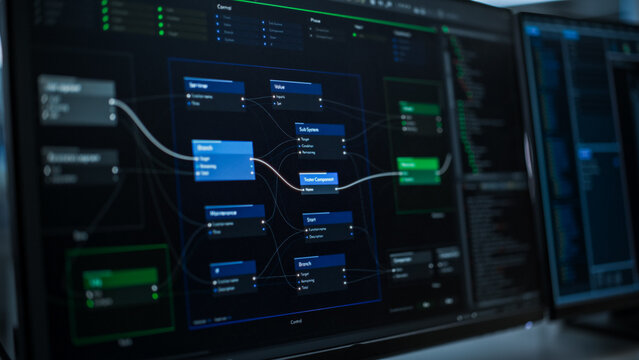 Close Up on Desktop Screen with Programming Software Interface Presenting Nod System Programing for Artificial Intelligence and Machine Learning. Office Computer for Quality Testing Engineer