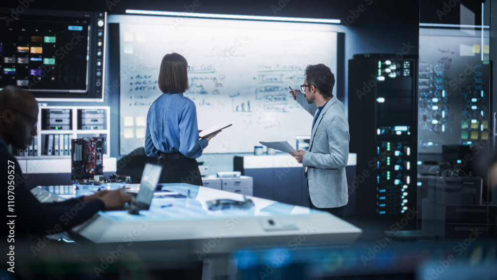 Aufkleber In Technological Research Facility: Portrait of a Team of Two Professional Engineers Using Digital Tablet and White Board to Discuss the Manufacturing Plan for Product Development