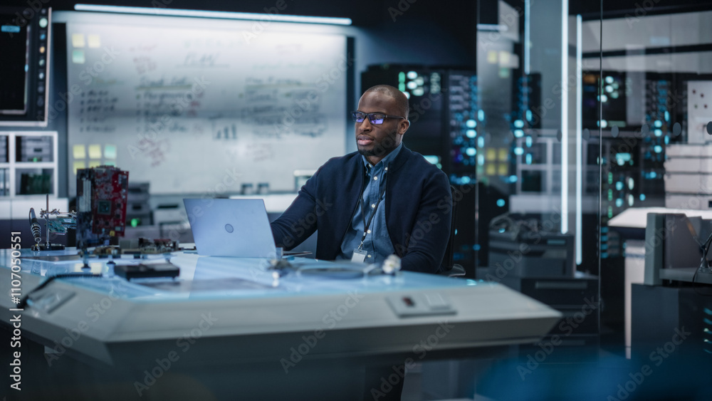 Aufkleber Portrait of Male African-American Specialist Using Laptop Computer to Improve Electronic Circuit Board in Modern Office. Black Engineer Thinking and Typing Ideas for Artificial Intelligence Project 