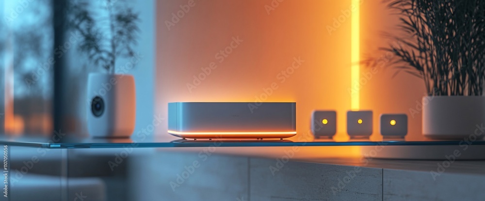 Poster a modern smart home device with ambient lighting on a sleek shelf.