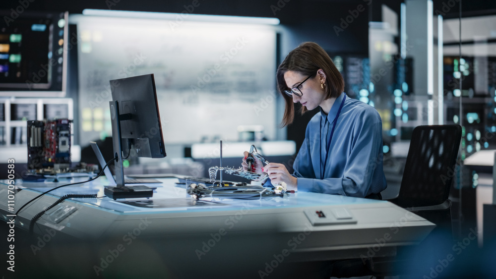 Poster portrait of female specialist soldering a circuit board in a technologically advanced company. focus