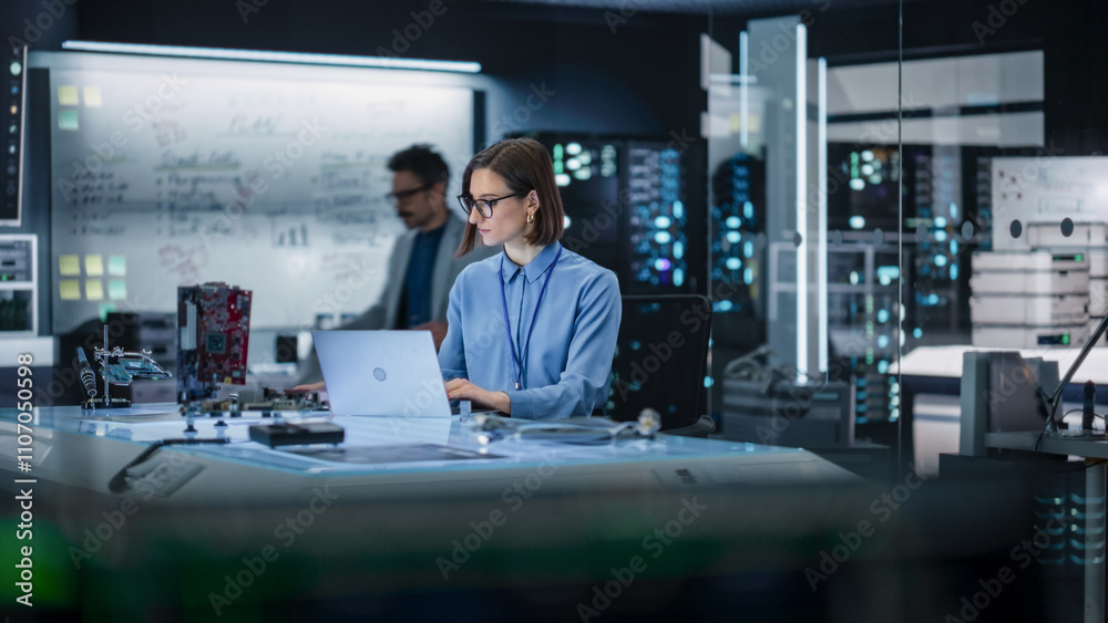Poster portrait of female specialist using laptop computer to improve electronic circuit board in modern of