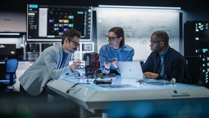 Diverse Group of Industrial Robotics Specialists Gathered Around a Table, Using Laptop Computer to...
