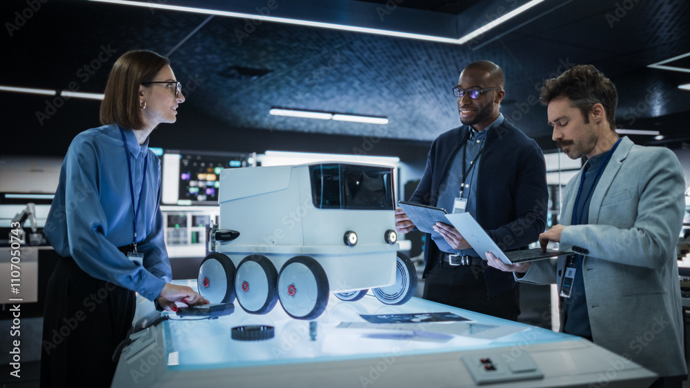 Poster Diverse Team of Industrial Specialists Working on Remotely Controlled Robot. Young Male and Female Engineers in a Lab Discussing an Autonomous AI Delivery Assistant Prototype, Brainstorming