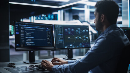 IT Specialist Administrator Working on Computer, Screen Showing Big Data AI Analysis and Code. Web Services, Machine Learning, Analytics Facility, Cyber Security. High-Tech Data Center Server Control