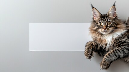 Playful maine coon cat posing on neutral background pet photography indoor studio whimsical vibe