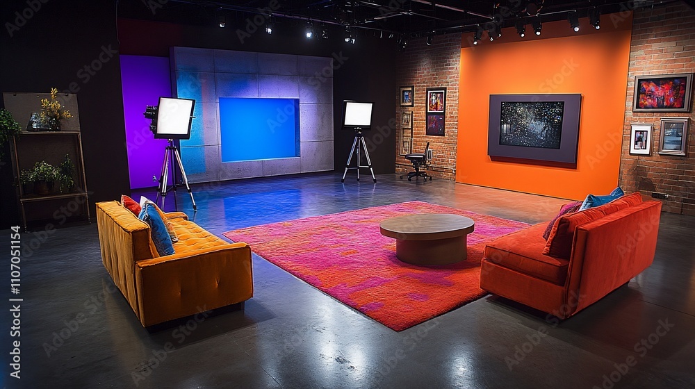 Aufkleber A modern studio setup with colorful walls and seating for filming.
