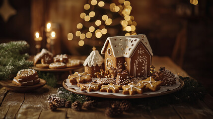 Festive Gingerbread House and Christmas Treats with Warm Holiday Lights