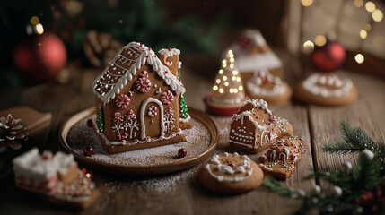 Festive Gingerbread House and Christmas Treats with Warm Holiday Lights