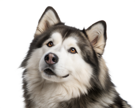 Alaskan Malamute portrait isolated on white background. Alaskan Malamute headshot on white background
