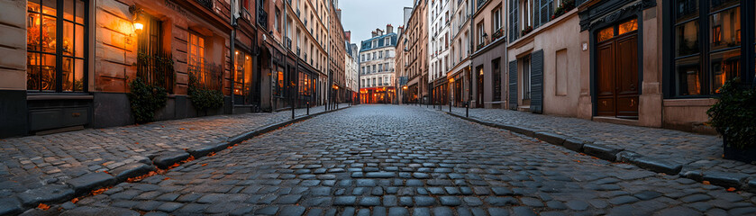 Obraz premium Cobblestone Street at Dusk, Charming European Cityscape
