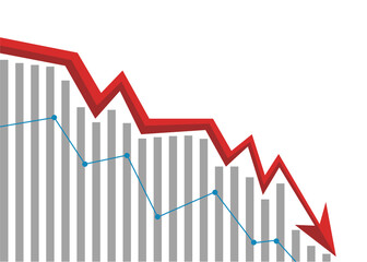 red business arrow graph with bars graph consistently trending downward, reflecting a pressured state with no signs of recovery, illustrating poor business and economic conditions with ongoing losses