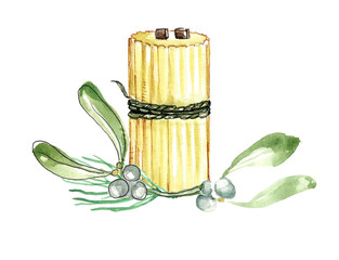 Interior candles. Tall yellow ribbed candle tied with green rope and Christmas decor: white mistletoe berries with green leaves. Hand drawn watercolor illustration on white background