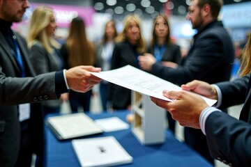 Job seekers actively engaging with recruiters at a bustling career fair, showcasing determination and eagerness in their pursuit of professional opportunities.