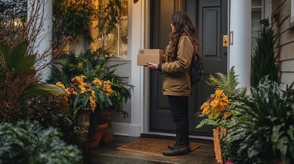 A person delivers a package to a home surrounded by plants.