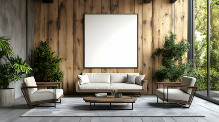 Modern Living Room Interior Design,  Spacious Room with Wooden Wall, Comfortable Sofa, and Stylish Armchairs, Featuring a Large Blank Canvas for Art.