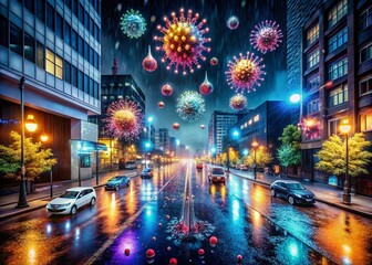 Obraz premium Night Photography Depicting Airborne Transmission of Viral Diseases Through Water Saliva Droplets Illuminated by Street Lights in a Dark Urban Environment
