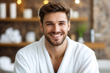Fototapeta premium Close up portrait of cheerful handsome bearded man in a white bathrobe in a modern interior of beauty salon. Relaxation and wellness concept