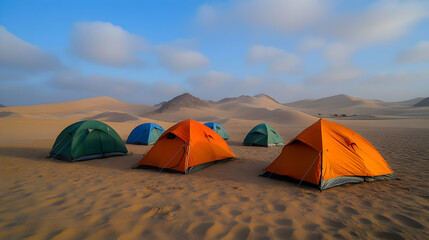 Desert Camping, Colorful Tents Under a Vast, Cloudy Sky