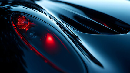 Sleek Automobile Tail Light, A Glowing Red Detail on a Dark, Glossy Car Body,  Reflecting Light Dramatically.